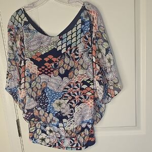 Coco Bianco Navy Floral Batwing Top with Coral & Mint Accents